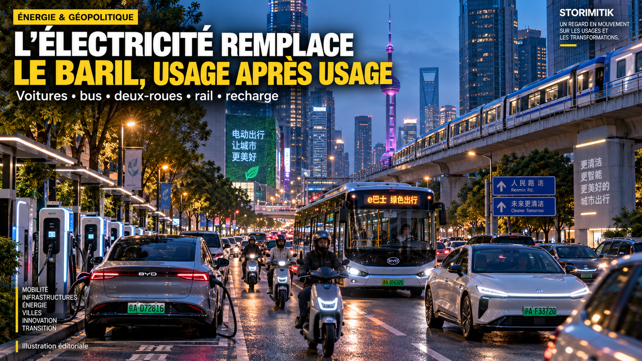 Illustration éditoriale STORIMITIK montrant voitures électriques, bus, deux-roues, rail et bornes de recharge dans une grande ville chinoise.