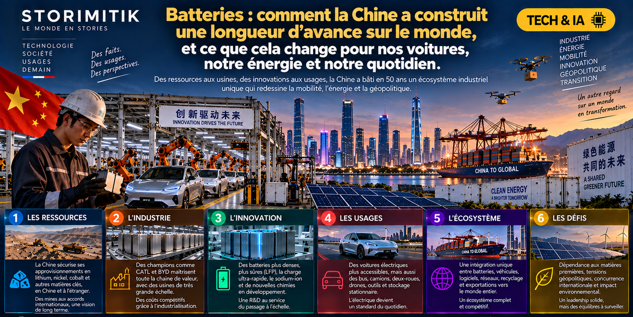 Infographie STORIMITIK présentant six mécanismes de la puissance industrielle chinoise : ressources, industrie, innovation, usages, écosystème et défis.
