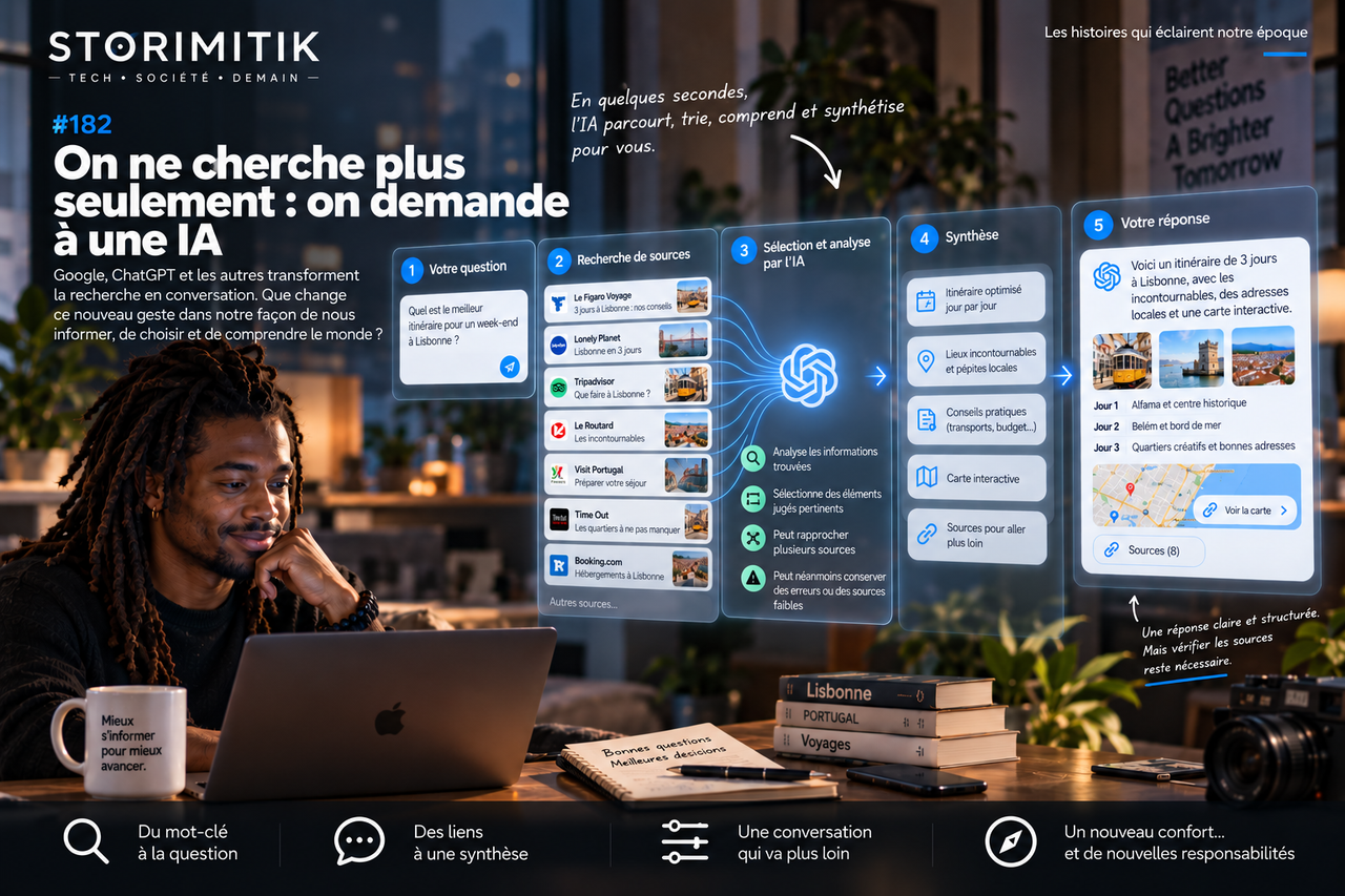 Infographie STORIMITIK montrant les étapes entre une question, la recherche de sources, leur analyse, la synthèse et la réponse générée par une IA.
