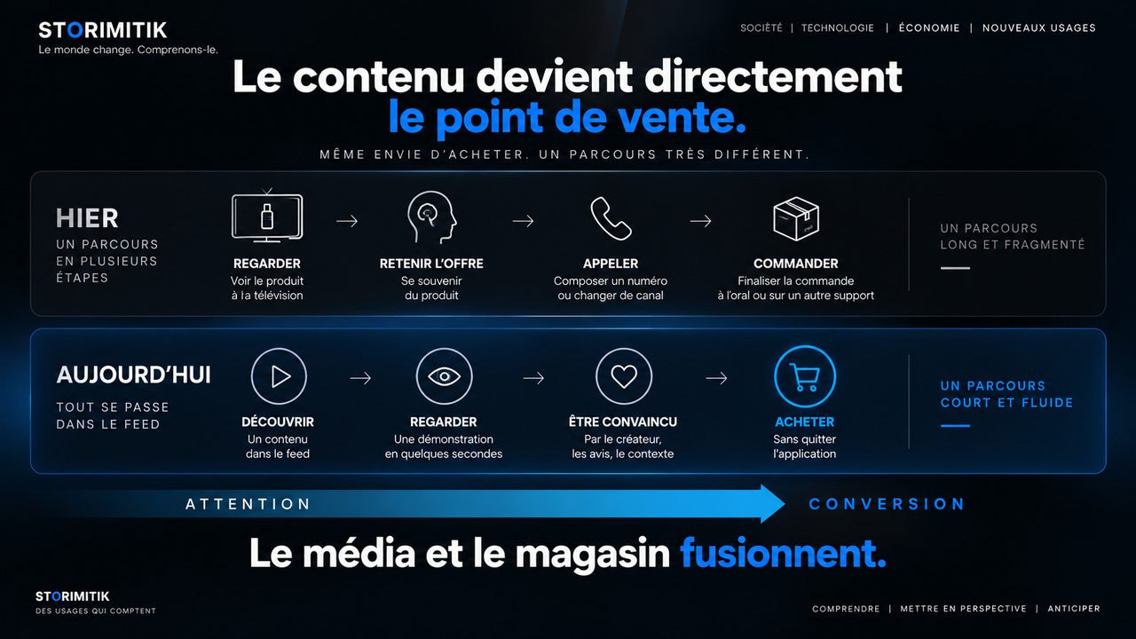 Infographie STORIMITIK montrant le raccourcissement du parcours d’achat entre attention et conversion.