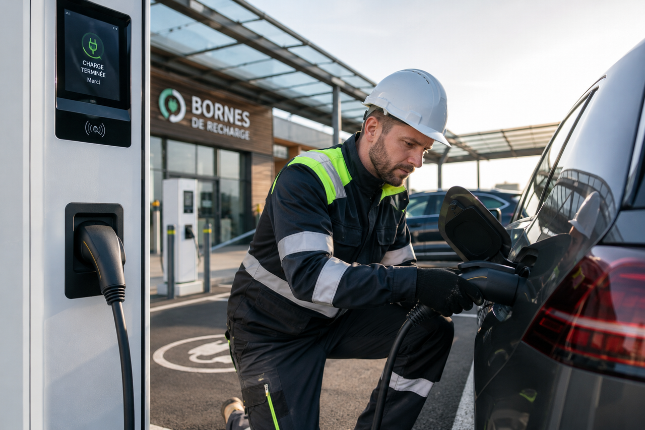 Illustration générée par IA d’un technicien intervenant sur le câble de recharge d’un véhicule électrique.