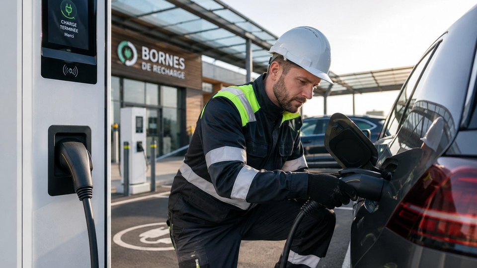 Illustration générée par IA d’un technicien intervenant sur le câble de recharge d’un véhicule électrique.
