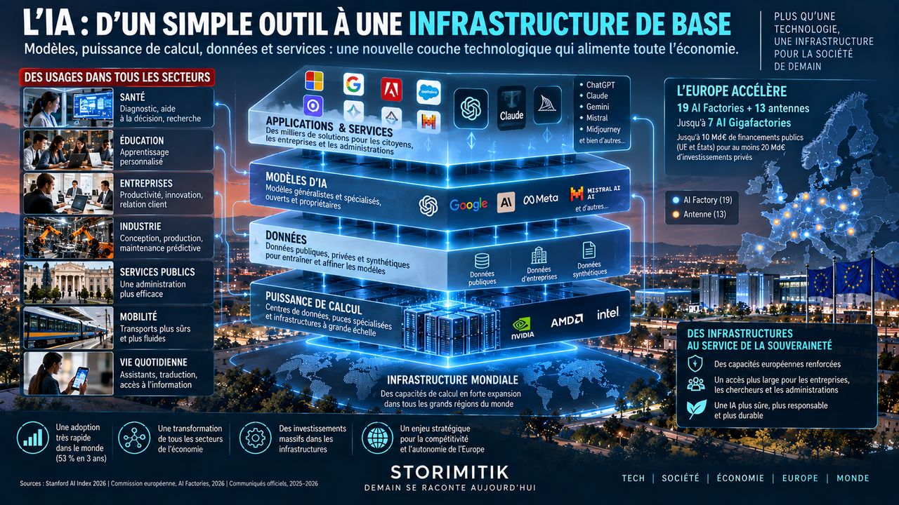 Infographie STORIMITIK présentant la pile technologique de l’IA : puissance de calcul, données, modèles, applications et services, ainsi que les AI Factories européennes.