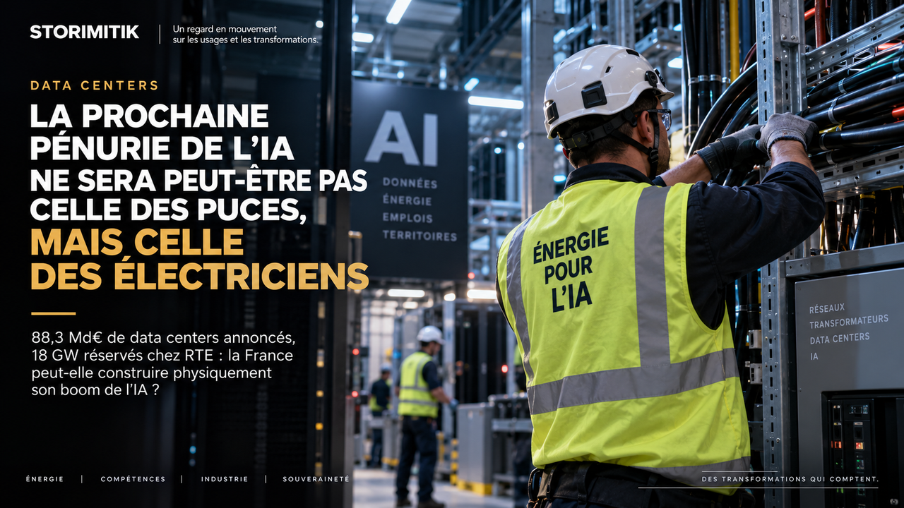 Illustration éditoriale STORIMITIK montrant un électricien travaillant dans l’infrastructure électrique d’un data center.