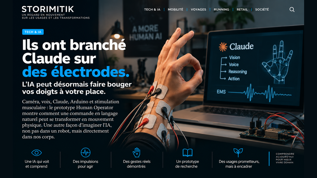 Illustration STORIMITIK d’une main équipée d’électrodes EMS reliées à un système piloté par intelligence artificielle.