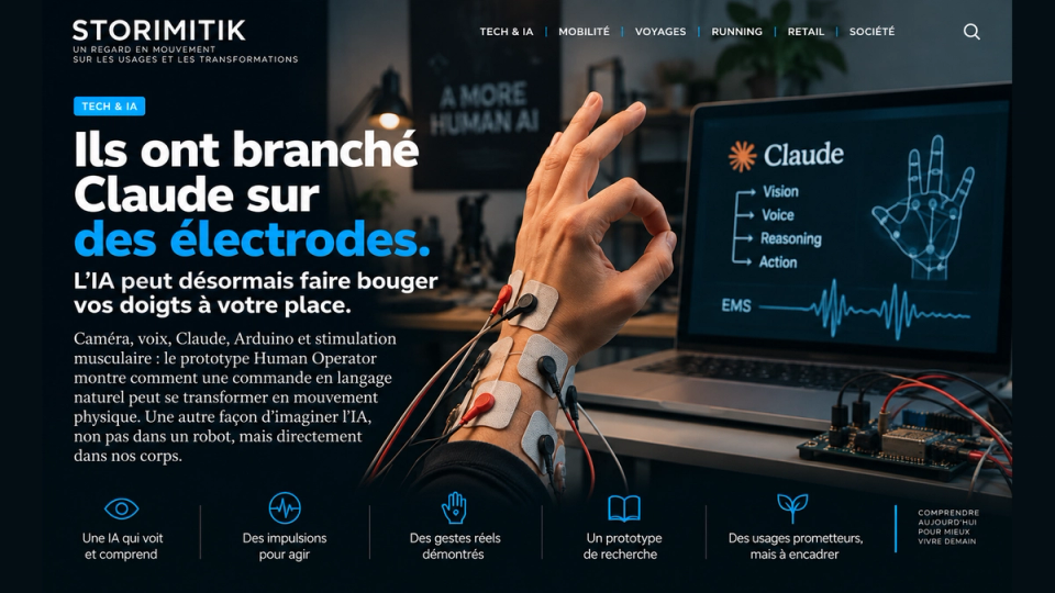Illustration STORIMITIK d’une main équipée d’électrodes EMS reliées à un système piloté par intelligence artificielle.