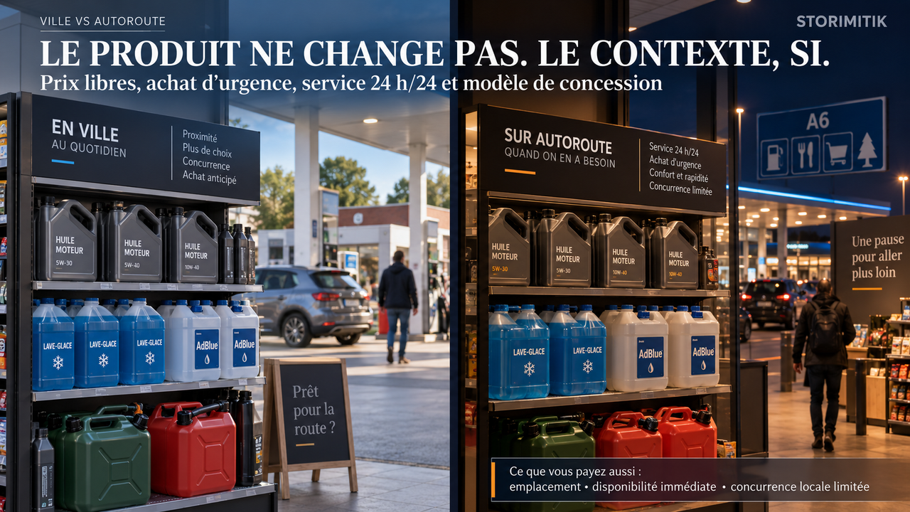 Comparaison éditoriale entre l’achat de produits automobiles en ville et sur une aire d’autoroute.