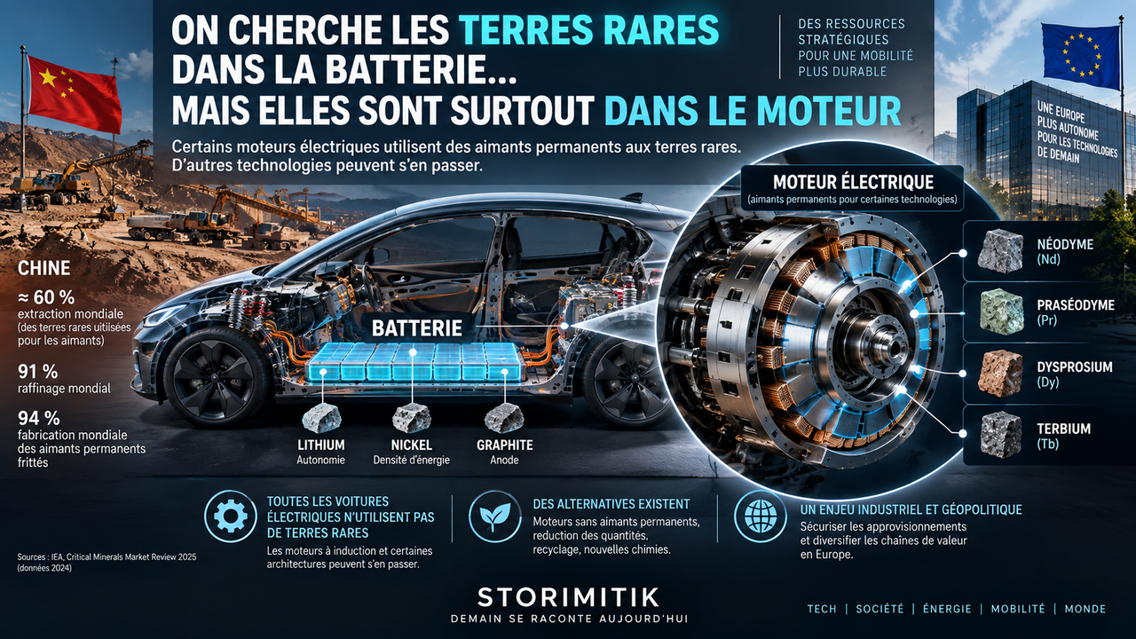 Infographie conceptuelle montrant qu’une batterie de voiture électrique utilise principalement d’autres matériaux tandis que certaines terres rares interviennent dans les aimants permanents du moteur.