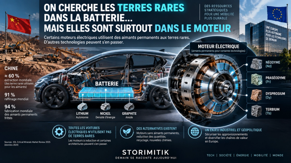 Infographie conceptuelle montrant qu’une batterie de voiture électrique utilise principalement d’autres matériaux tandis que certaines terres rares interviennent dans les aimants permanents du moteur.