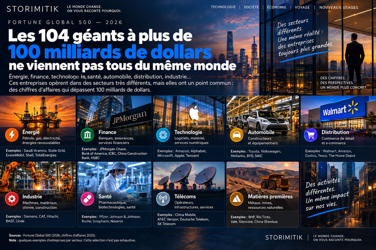 Infographie éditoriale montrant la diversité des secteurs représentés parmi les très grandes entreprises du Fortune Global 500.