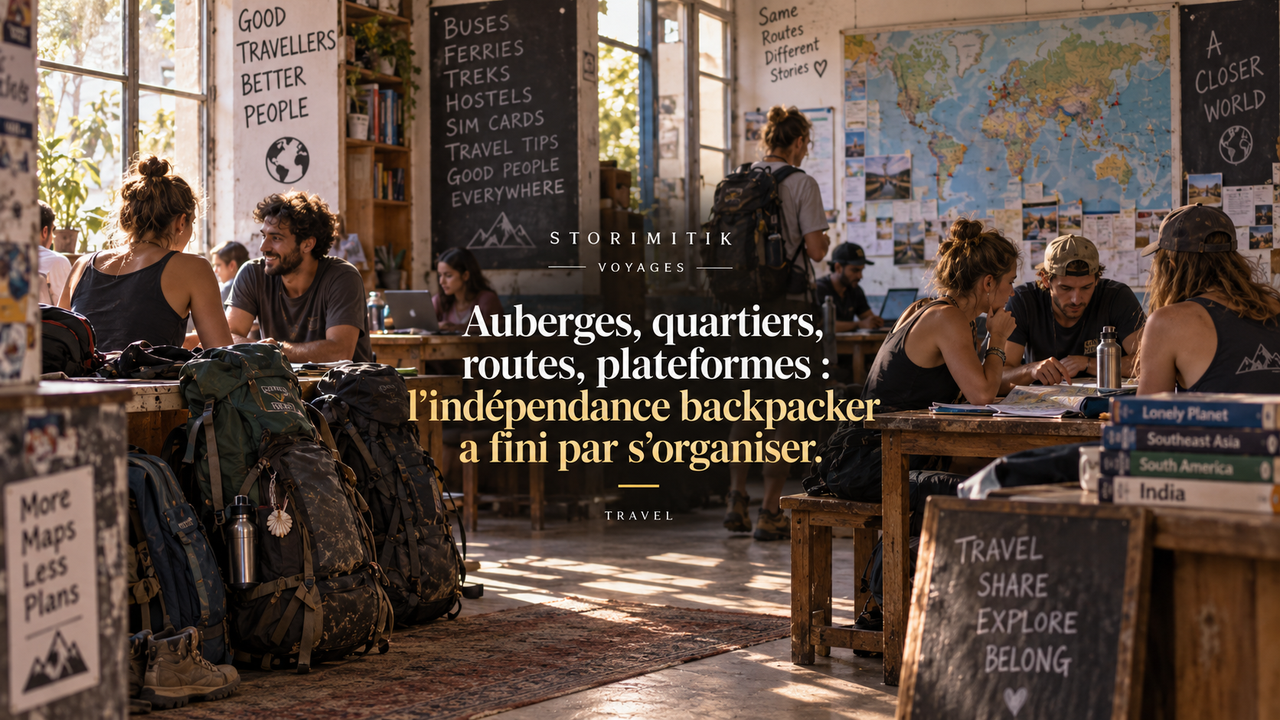 Auberge de jeunesse internationale avec cartes, sacs à dos et voyageurs échangeant des informations.
