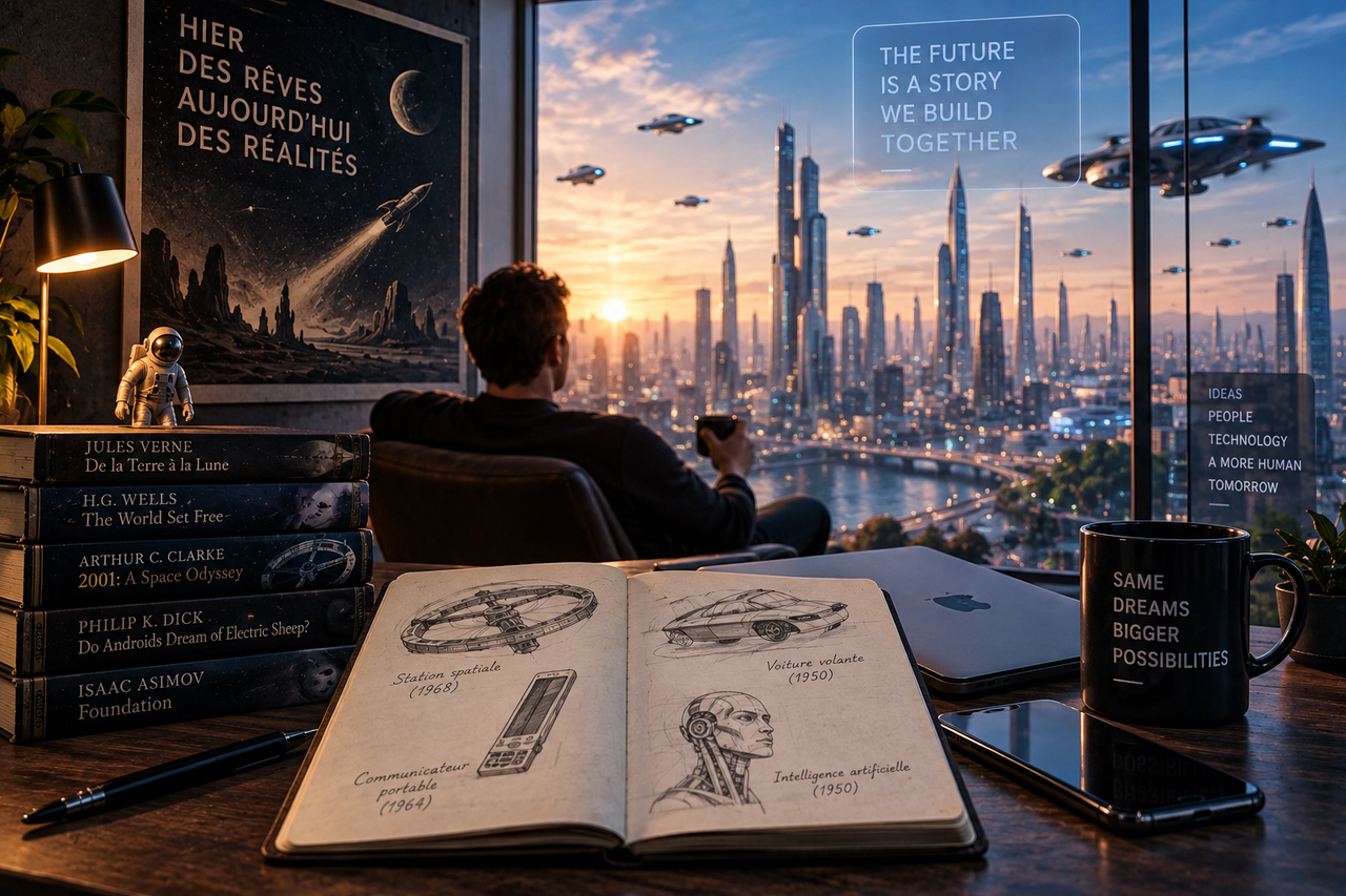 Illustration conceptuelle d’un lecteur de science-fiction observant une ville futuriste et des technologies autrefois imaginaires.