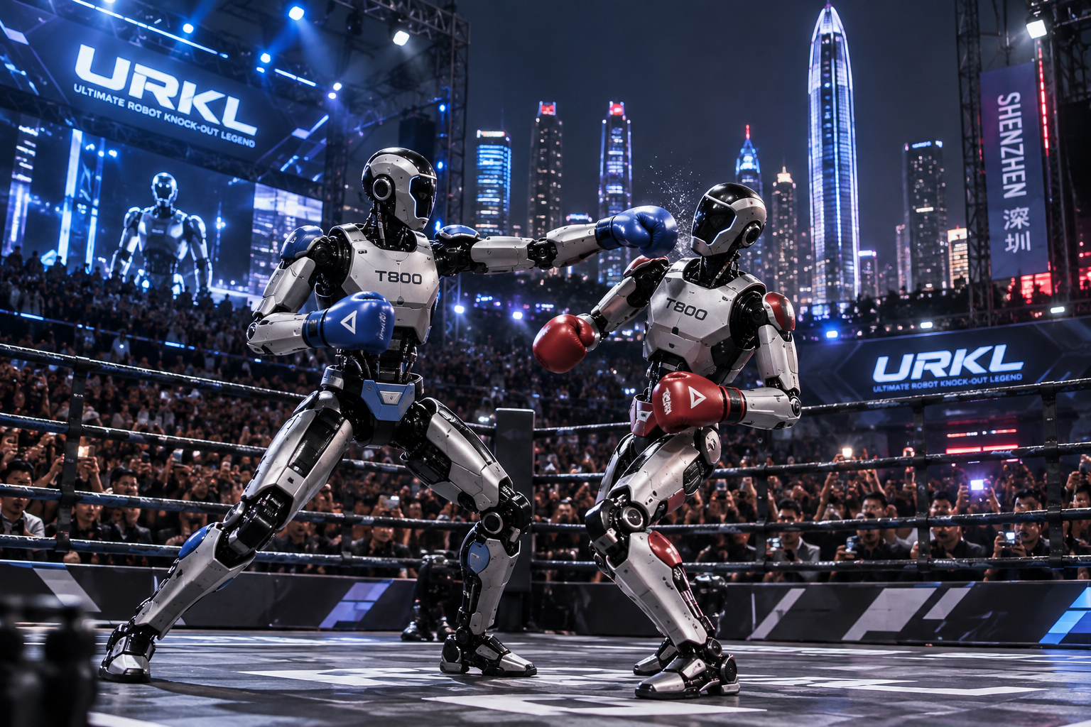 Illustration de deux robots humanoïdes T800 équipés de gants bleu et rouge s’affrontant sur un ring URKL devant un public à Shenzhen.