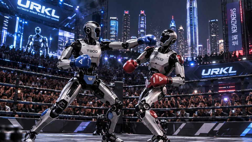 Illustration de deux robots humanoïdes T800 équipés de gants bleu et rouge s’affrontant sur un ring URKL devant un public à Shenzhen.
