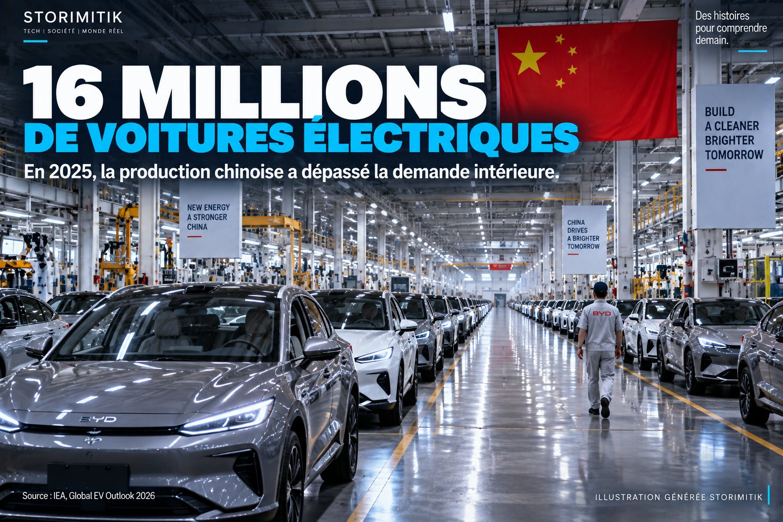 Illustration STORIMITIK d’une usine chinoise de voitures électriques, avec 16 millions de véhicules produits en 2025.