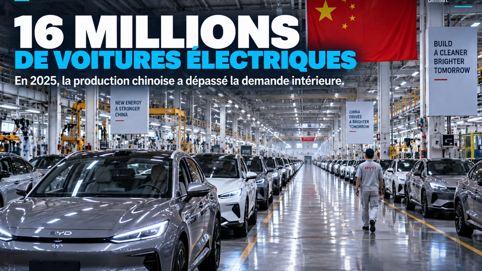 Illustration STORIMITIK d’une usine chinoise de voitures électriques, avec 16 millions de véhicules produits en 2025.