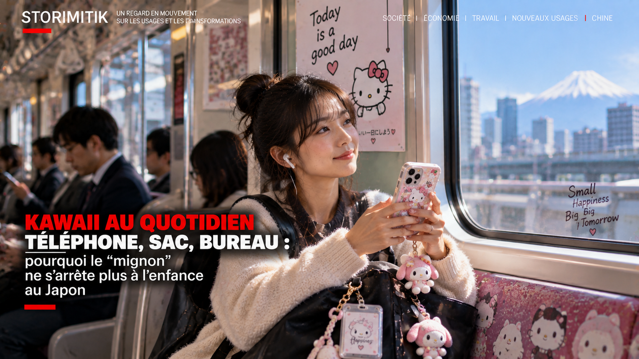 Illustration éditoriale STORIMITIK montrant une adulte japonaise dans un train avec téléphone, sac et accessoires kawaii intégrés à son quotidien.