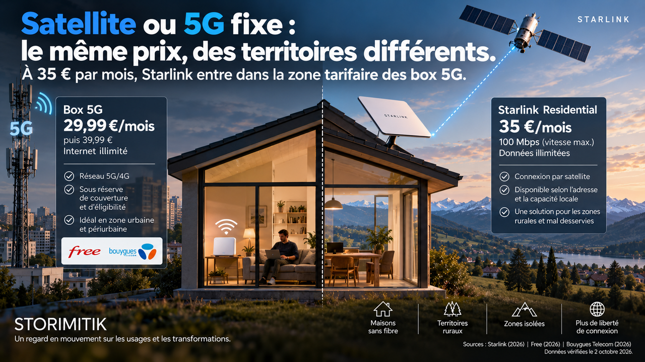 Infographie STORIMITIK illustrant le choix entre box 5G et Starlink pour un logement sans fibre selon la couverture mobile et la possibilité d’installer une antenne avec vue dégagée du ciel.