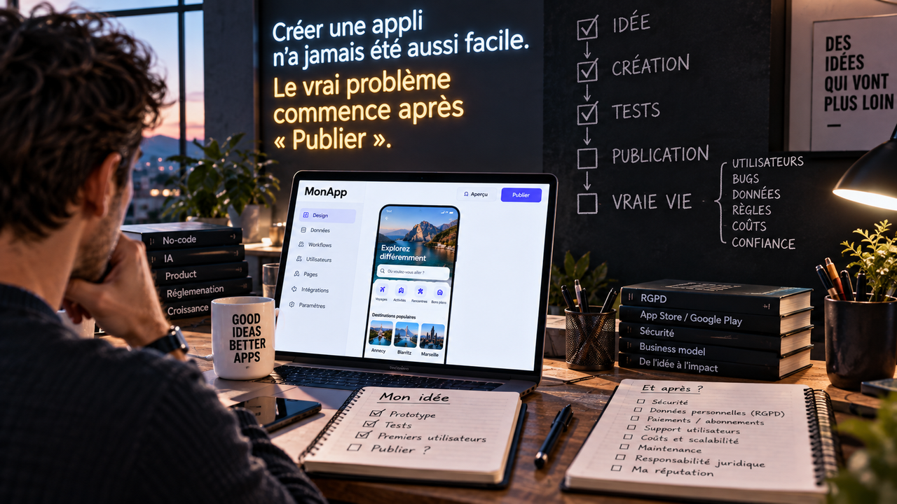 Composition éditoriale montrant un créateur face à une application prête à publier et à une liste de responsabilités : utilisateurs, données, coûts, sécurité, maintenance et conformité.