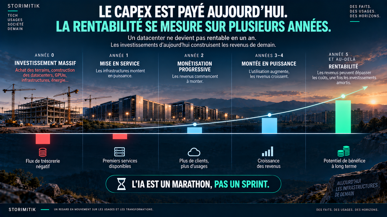 Illustration éditoriale représentant une infrastructure IA financée aujourd’hui, mise en service puis monétisée progressivement sur plusieurs années.