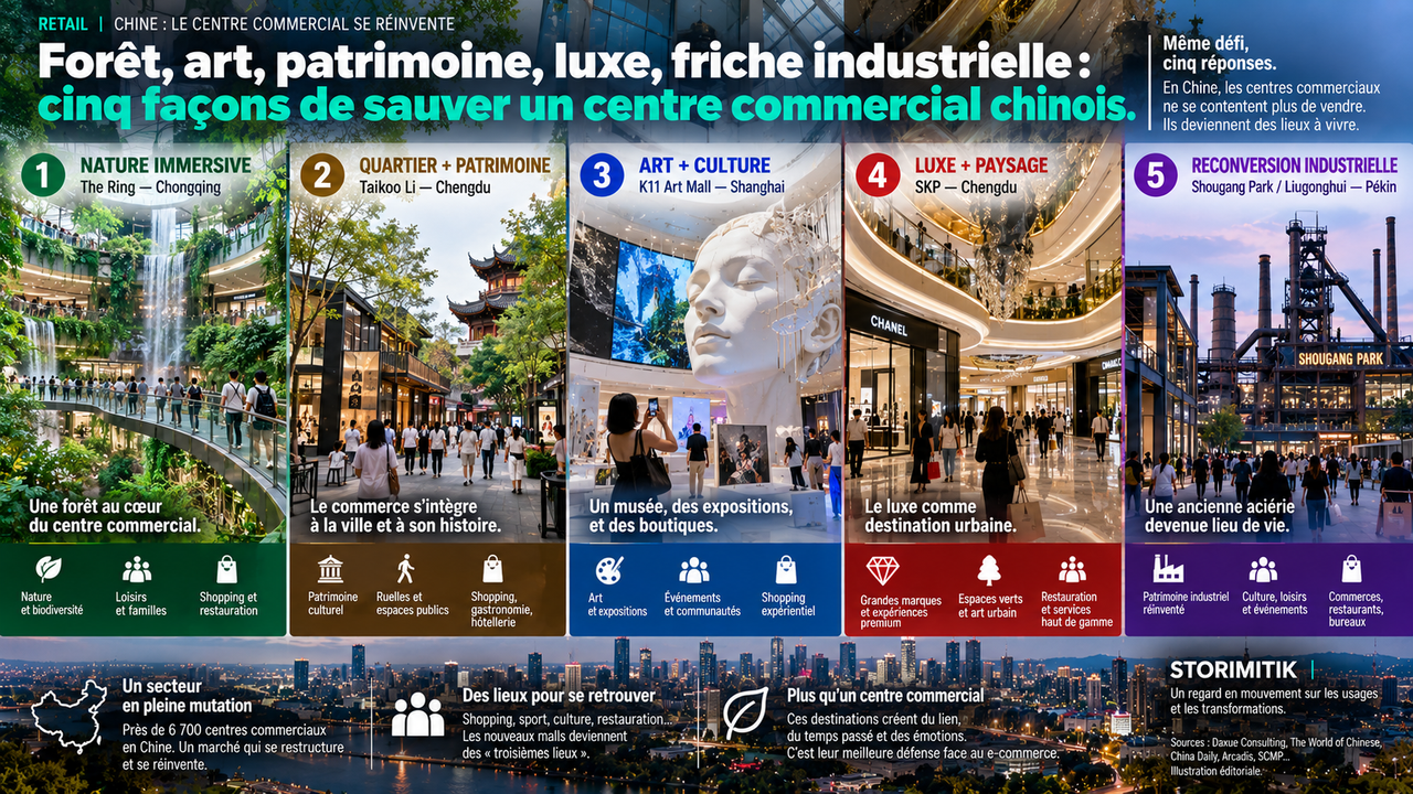 Cinq modèles de réinvention des centres commerciaux chinois : nature immersive, patrimoine urbain, art, luxe et reconversion industrielle.