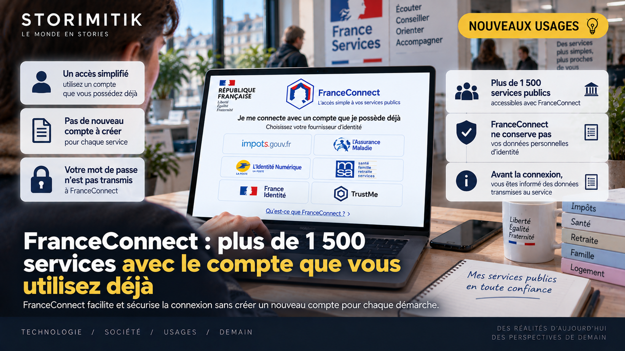 Infographie éditoriale STORIMITIK expliquant le fonctionnement de FranceConnect, l’usage d’un compte existant et l’accès à plus de 1 500 services.