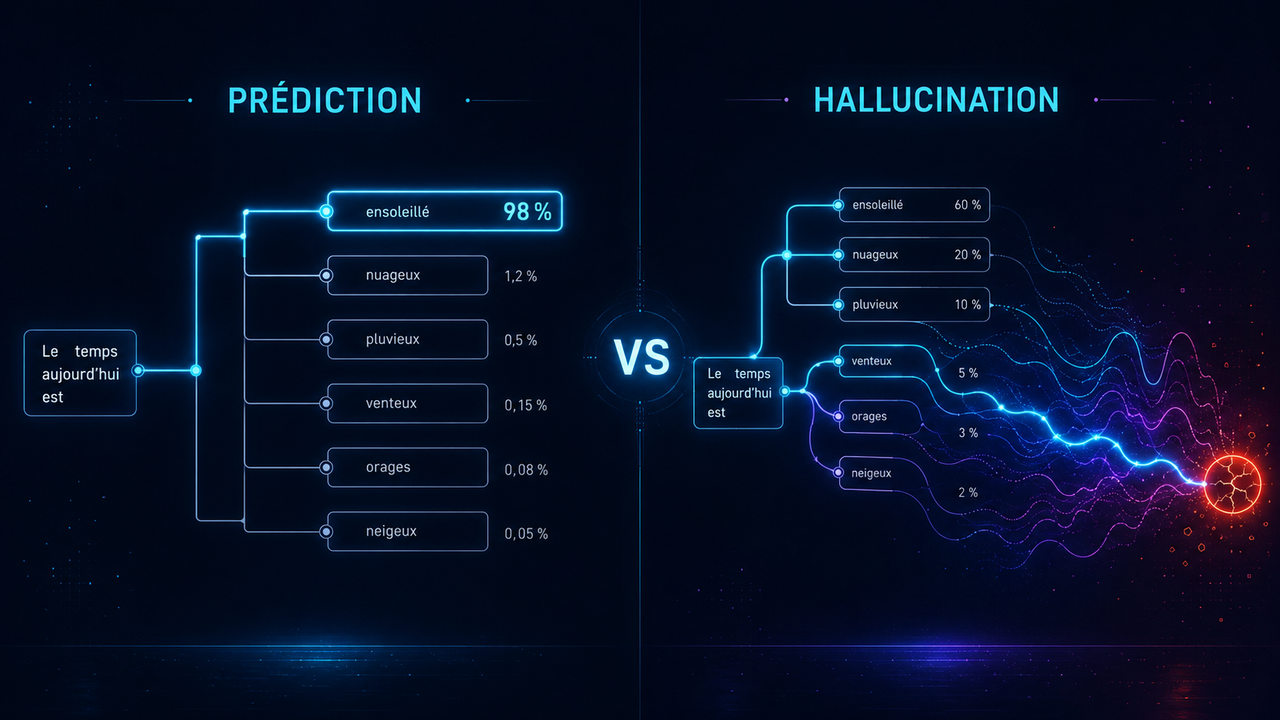 Schéma pédagogique opposant la prédiction probabiliste et le risque d’hallucination.
