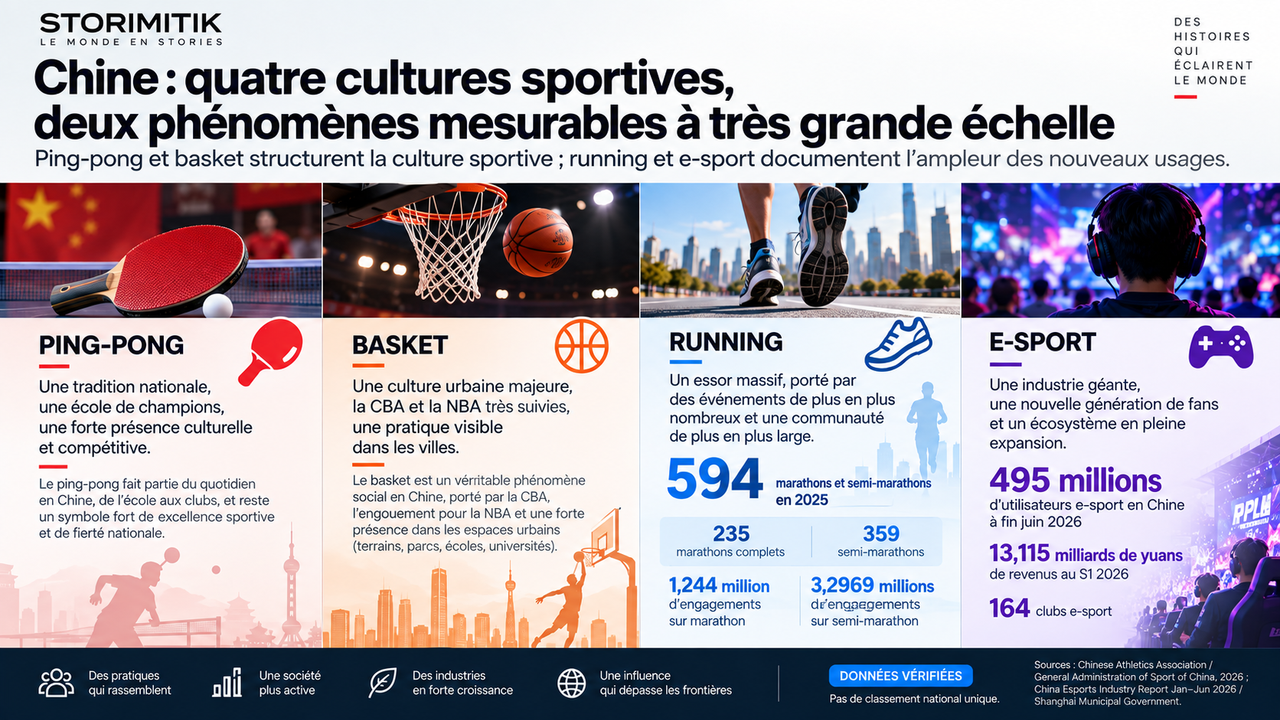 Infographie éditoriale sur quatre cultures sportives en Chine : ping-pong, basket, running et e-sport.