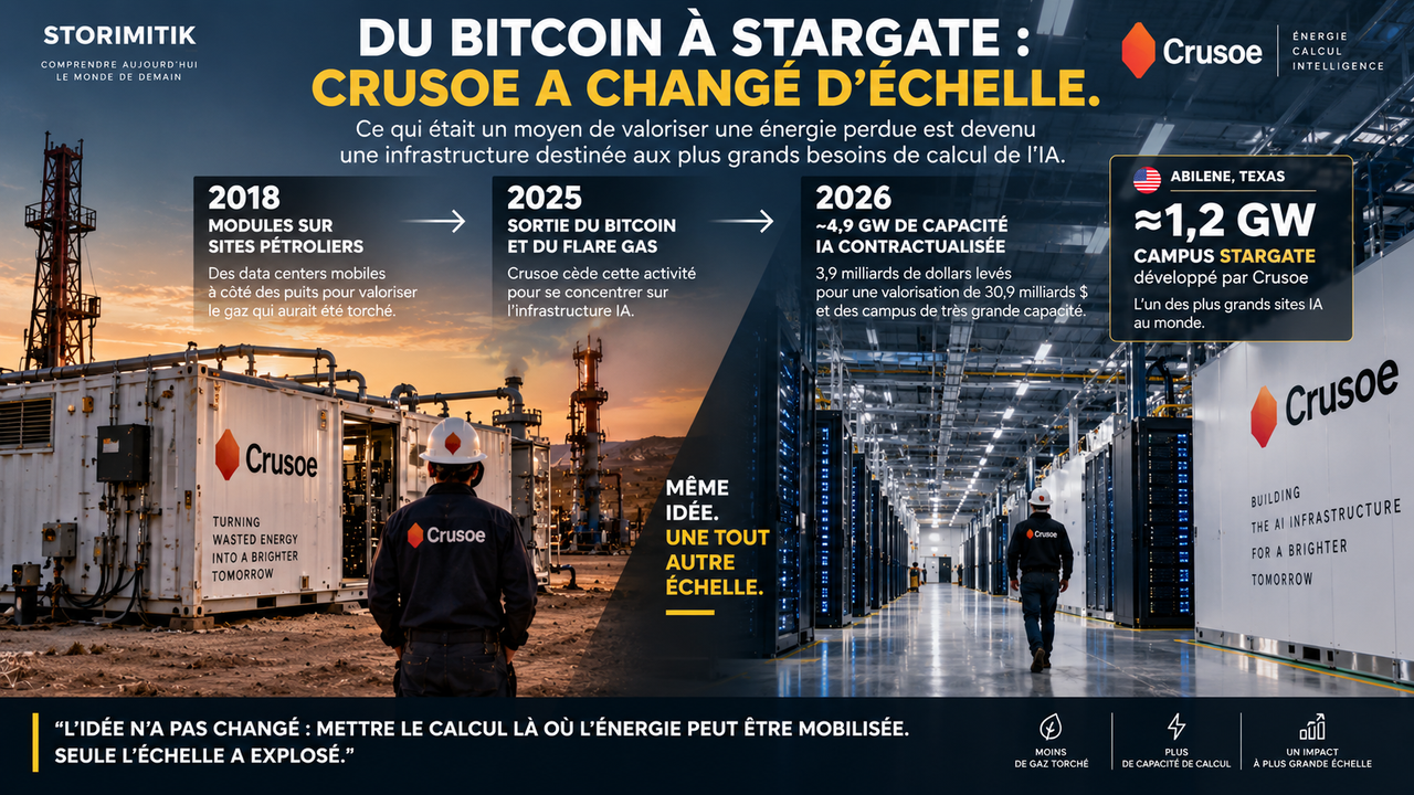 Illustration éditoriale STORIMITIK montrant le changement d’échelle de Crusoe, des modules sur sites pétroliers aux grands campus IA.