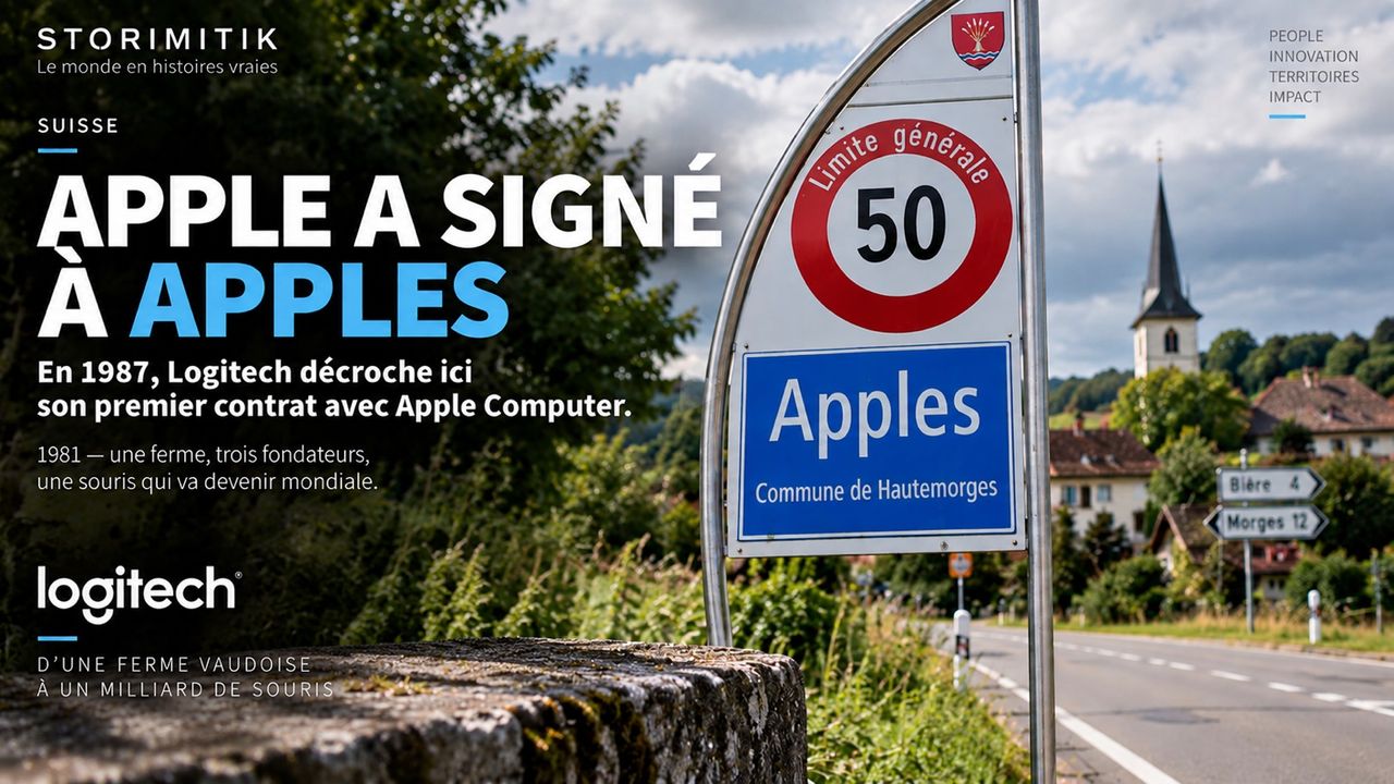 Illustration éditoriale STORIMITIK montrant le panneau d’entrée d’Apples, dans le canton de Vaud, pour raconter les débuts de Logitech et son accord avec Apple en 1987.
