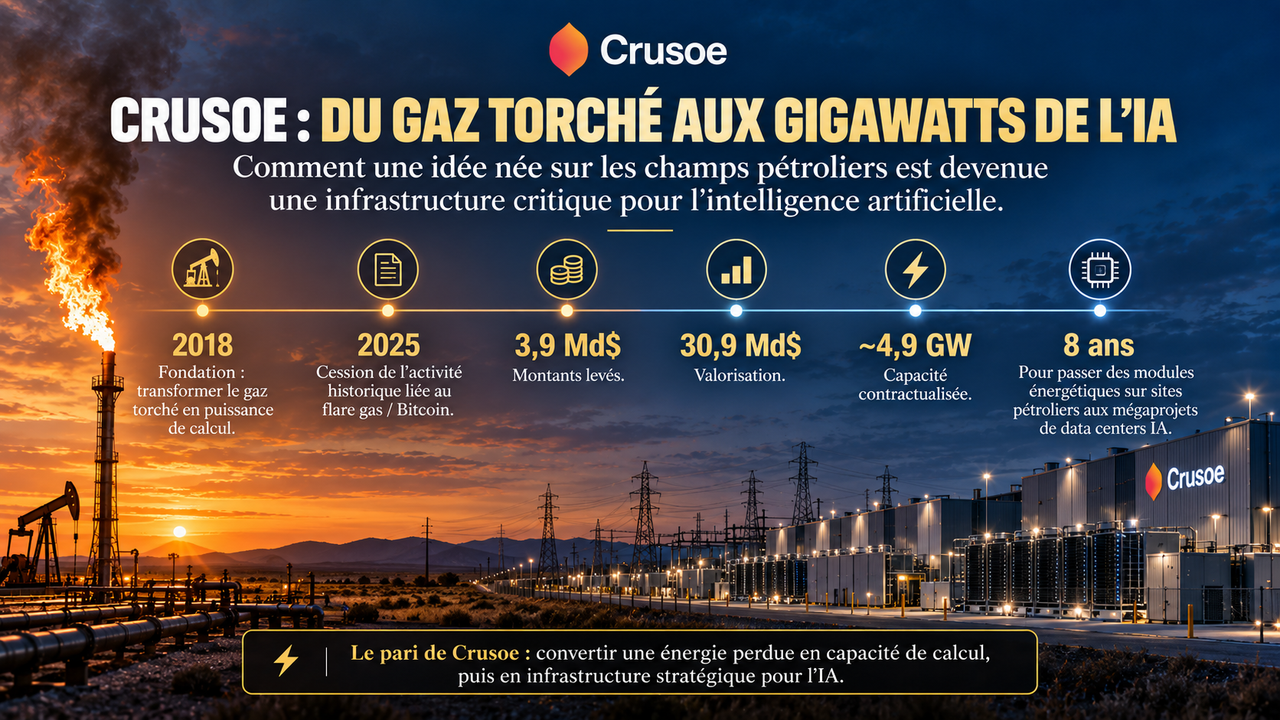 Planche DATA STORIMITIK retraçant Crusoe de 2018 à 2026 : origine dans le gaz torché, sortie du Bitcoin, levée de fonds, valorisation et capacité IA.