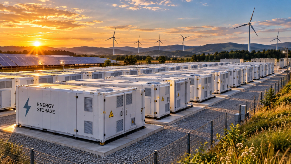 Illustration photoréaliste d’un grand parc de batteries stationnaires BESS avec panneaux solaires et éoliennes.