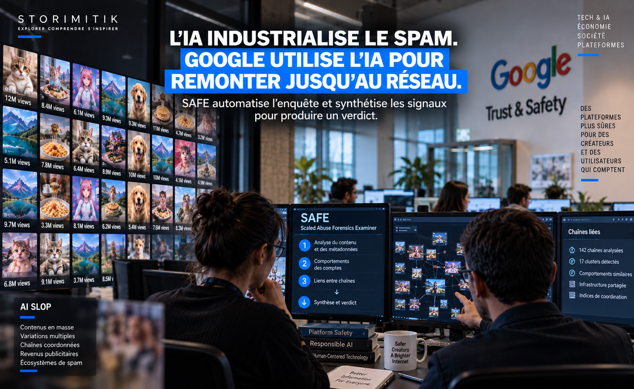 Équipe Trust & Safety analysant des réseaux de chaînes avec SAFE, face à un mur de contenus générés à grande échelle.