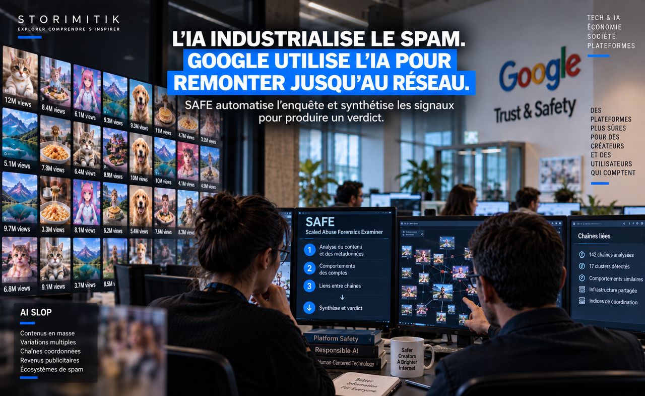 Équipe Trust & Safety analysant des réseaux de chaînes avec SAFE, face à un mur de contenus générés à grande échelle.