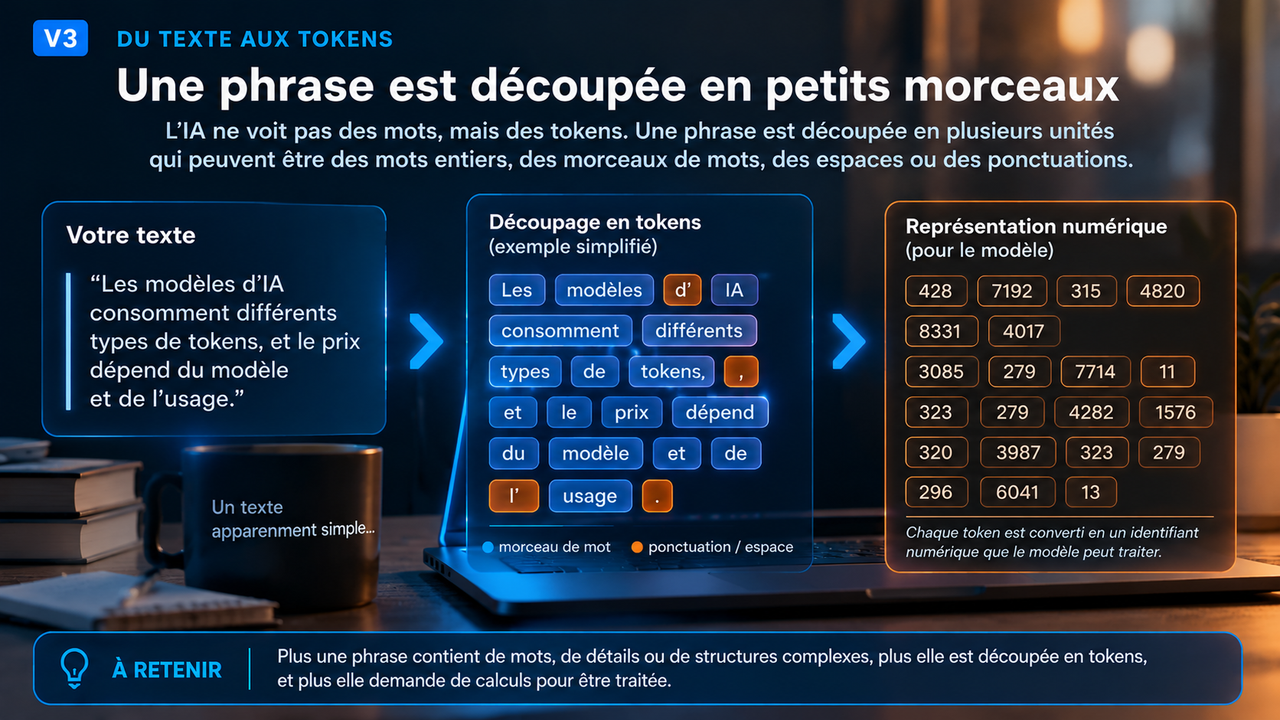 Illustration éditoriale STORIMITIK montrant, de manière simplifiée, le passage d’une phrase à des tokens puis à des identifiants numériques.