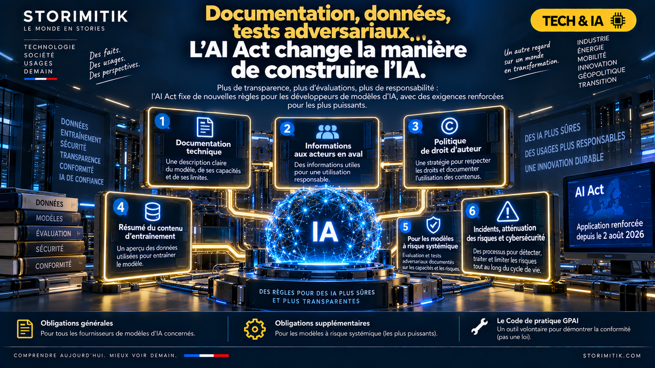 Infographie STORIMITIK présentant les principales obligations de l’AI Act pour les fournisseurs de modèles d’IA à usage général et les obligations supplémentaires pour les modèles à risque systémique.