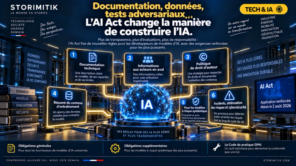 Infographie STORIMITIK présentant les principales obligations de l’AI Act pour les fournisseurs de modèles d’IA à usage général et les obligations supplémentaires pour les modèles à risque systémique.
