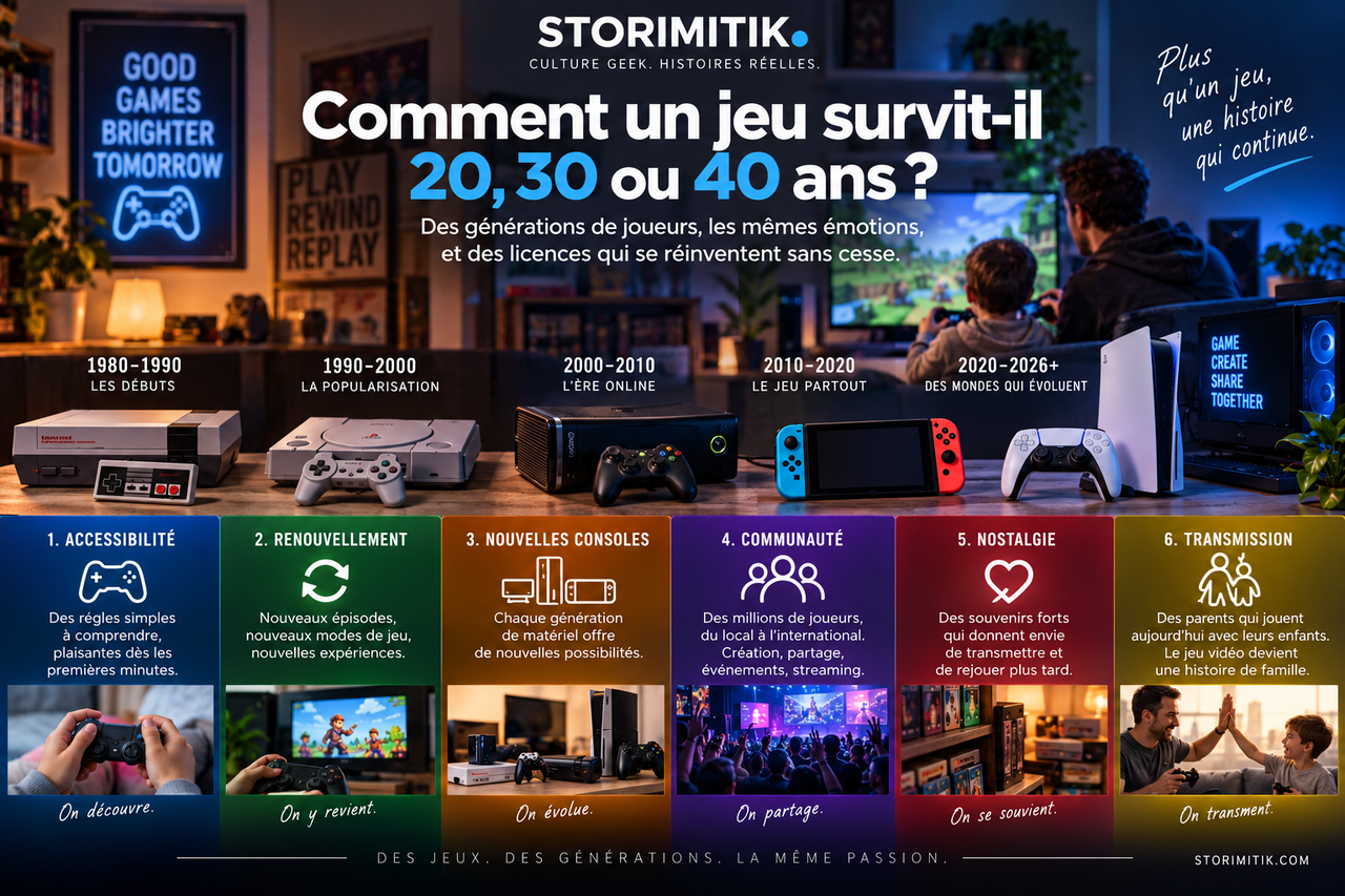 Infographie éditoriale STORIMITIK sur les mécanismes qui permettent aux jeux vidéo de traverser plusieurs générations.