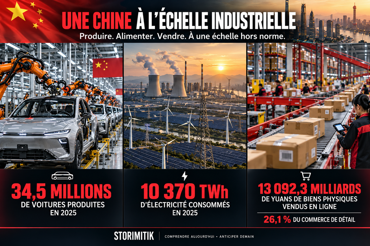 Illustration STORIMITIK de l’échelle industrielle chinoise : automobile, énergie et e-commerce.