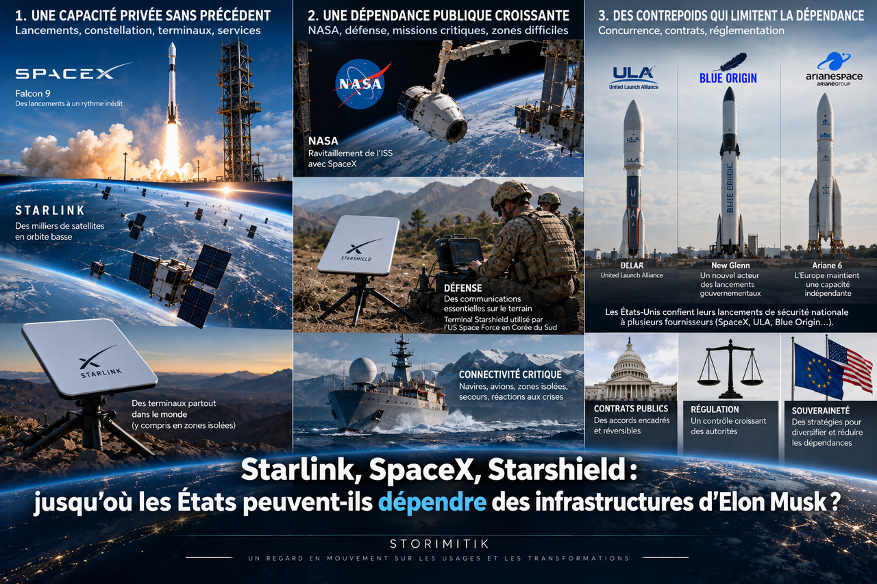 Infographie éditoriale STORIMITIK sur les capacités de SpaceX, les dépendances publiques et les fournisseurs alternatifs.