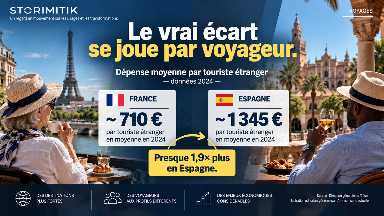 Comparaison éditoriale de la dépense moyenne par touriste étranger en France et en Espagne en 2024.