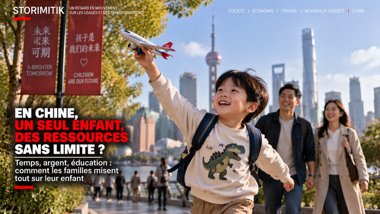 Illustration éditoriale STORIMITIK montrant un enfant courant avec un avion-jouet devant ses parents dans un parc urbain inspiré de Shanghai.