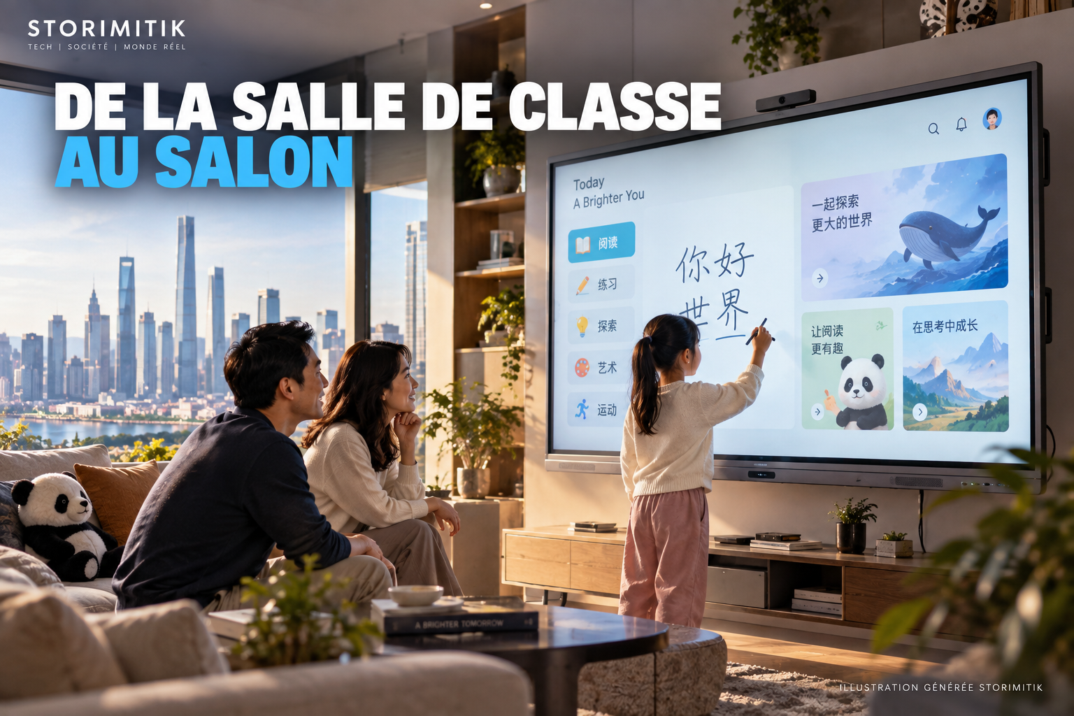 Illustration STORIMITIK montrant un espace d’apprentissage familial autour d’un grand écran interactif Seewo.