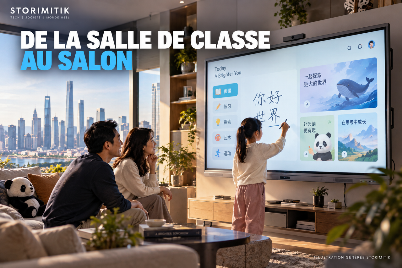Illustration STORIMITIK montrant un espace d’apprentissage familial autour d’un grand écran interactif Seewo.
