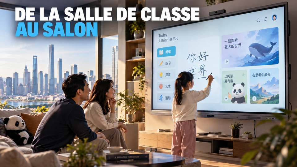 Illustration STORIMITIK montrant un espace d’apprentissage familial autour d’un grand écran interactif Seewo.