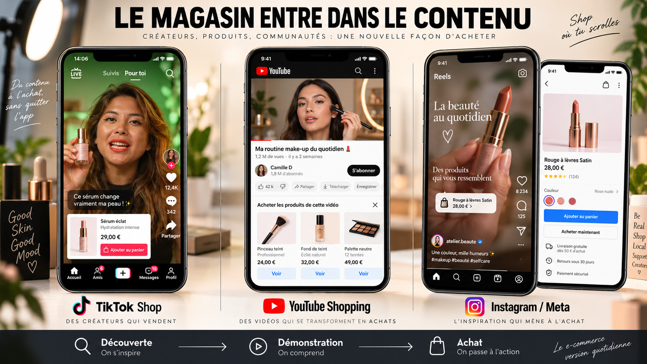 Illustration éditoriale STORIMITIK comparant le commerce intégré au contenu sur TikTok Shop, YouTube Shopping et Instagram/Meta.