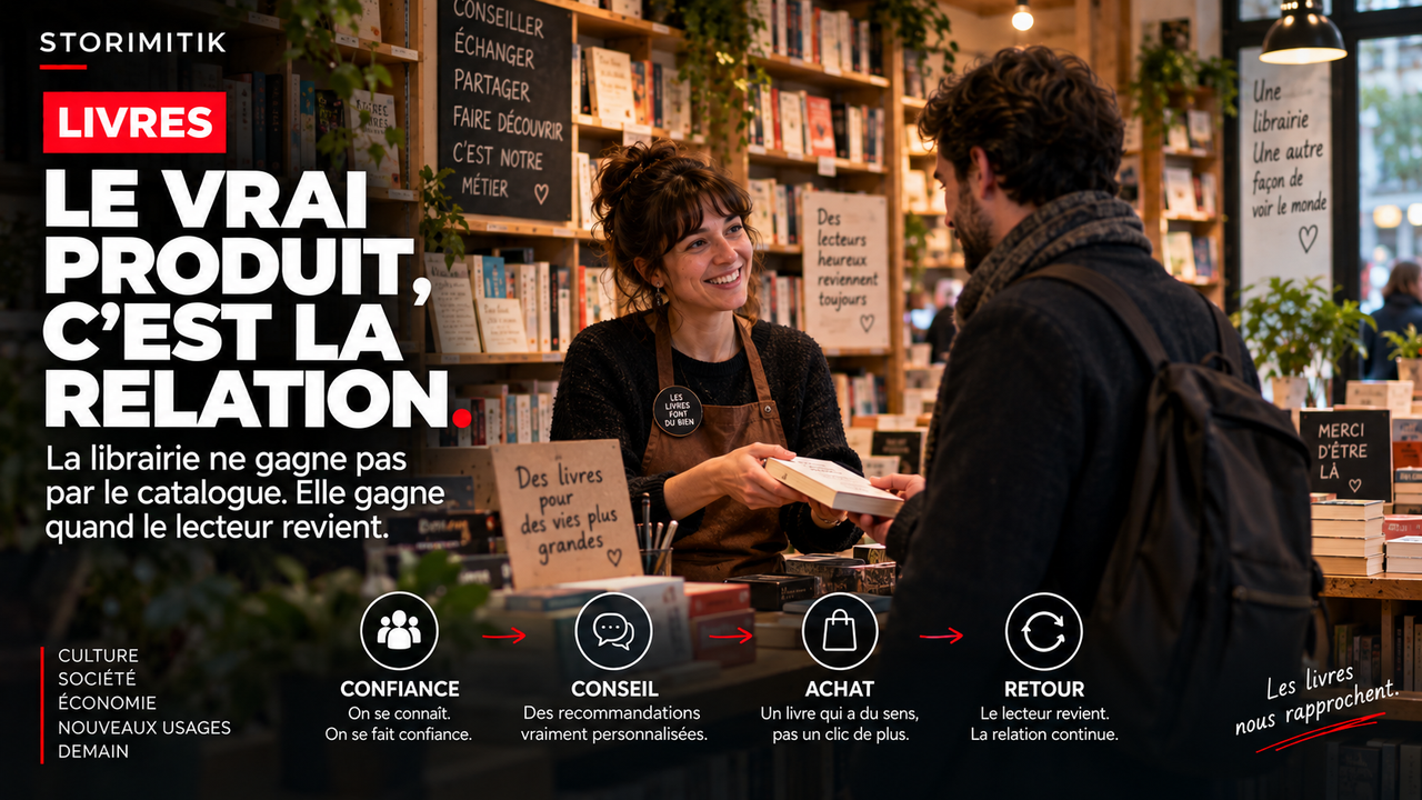 Illustration STORIMITIK montrant une libraire conseillant directement un lecteur, avec une boucle confiance, conseil, achat et retour.
