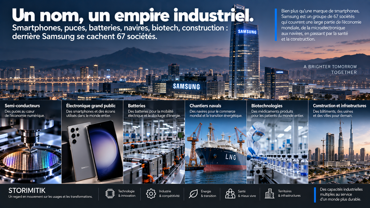 Infographie STORIMITIK montrant l’étendue industrielle du groupe Samsung, de l’électronique aux batteries, navires, biotechnologies et infrastructures.