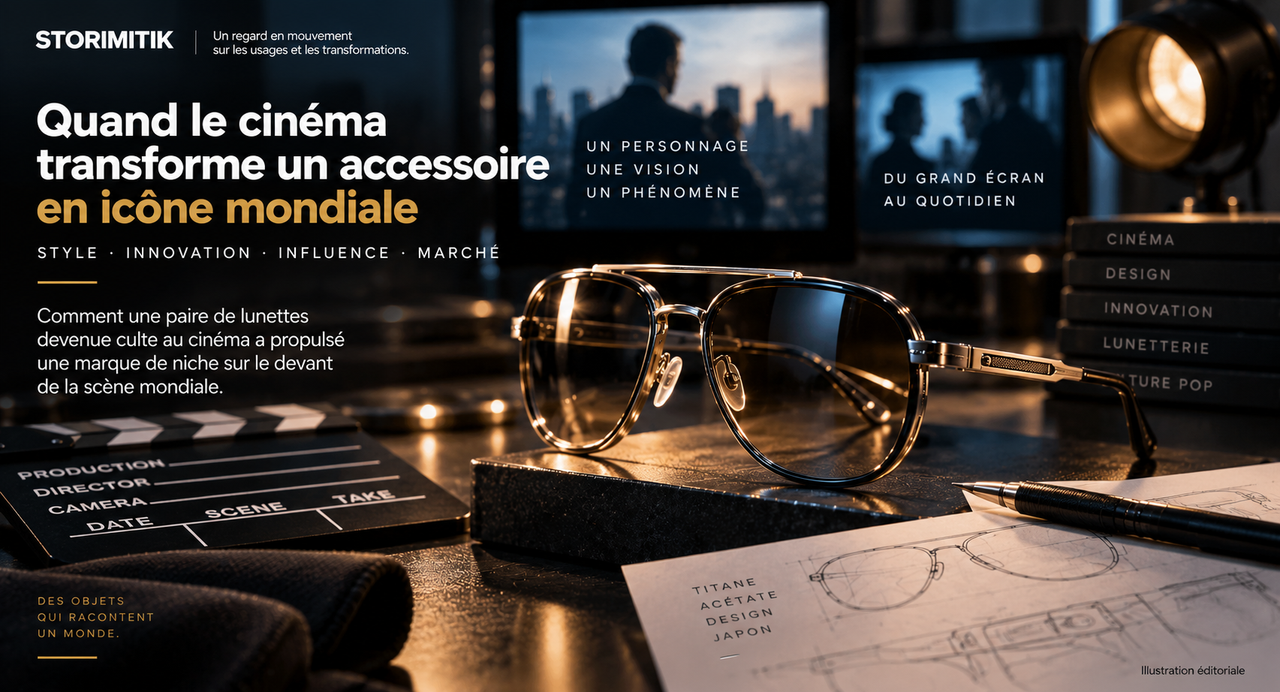 Illustration éditoriale STORIMITIK montrant comment le cinéma peut transformer un accessoire en icône culturelle puis en succès commercial.