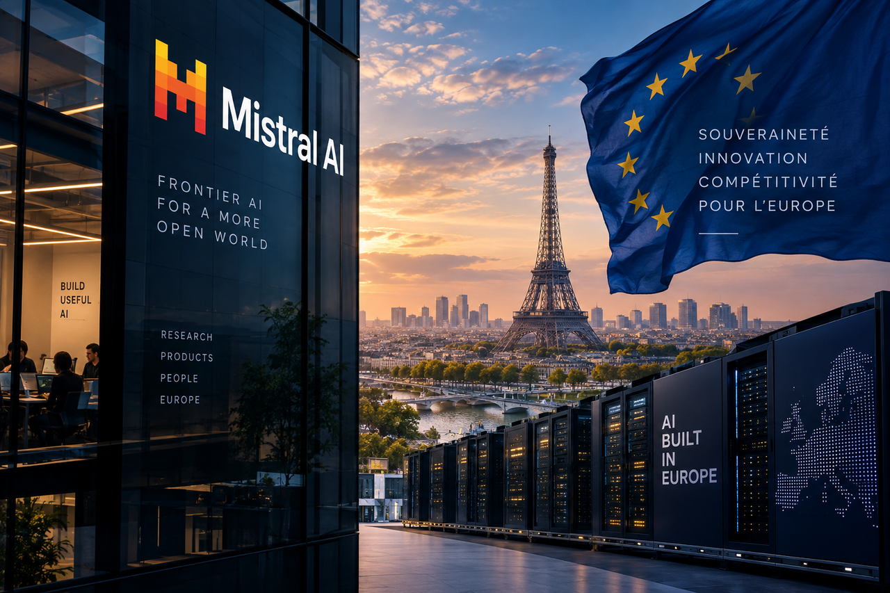 Illustration conceptuelle de Mistral AI à Paris associant infrastructure d’intelligence artificielle, identité européenne et souveraineté numérique.